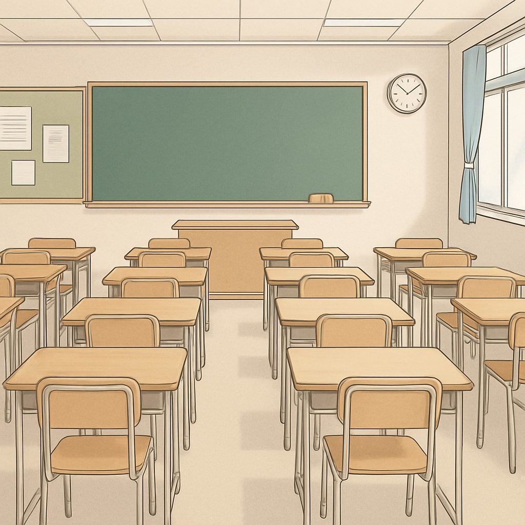 An empty classroom with desks and chairs, symbolizing the absence of teachers on a Teacherless Tuesday. Empty classroom representing the impact of Teacherless Tuesday on schools.
