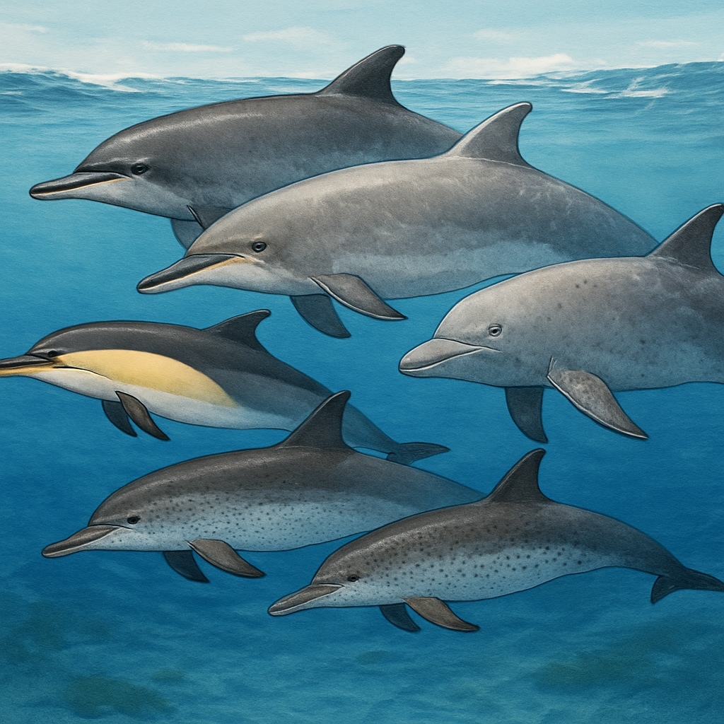 A pod of dolphins swimming in the ocean, showcasing different species together. A group of dolphins swimming in the ocean, representing various dolphin species classification.