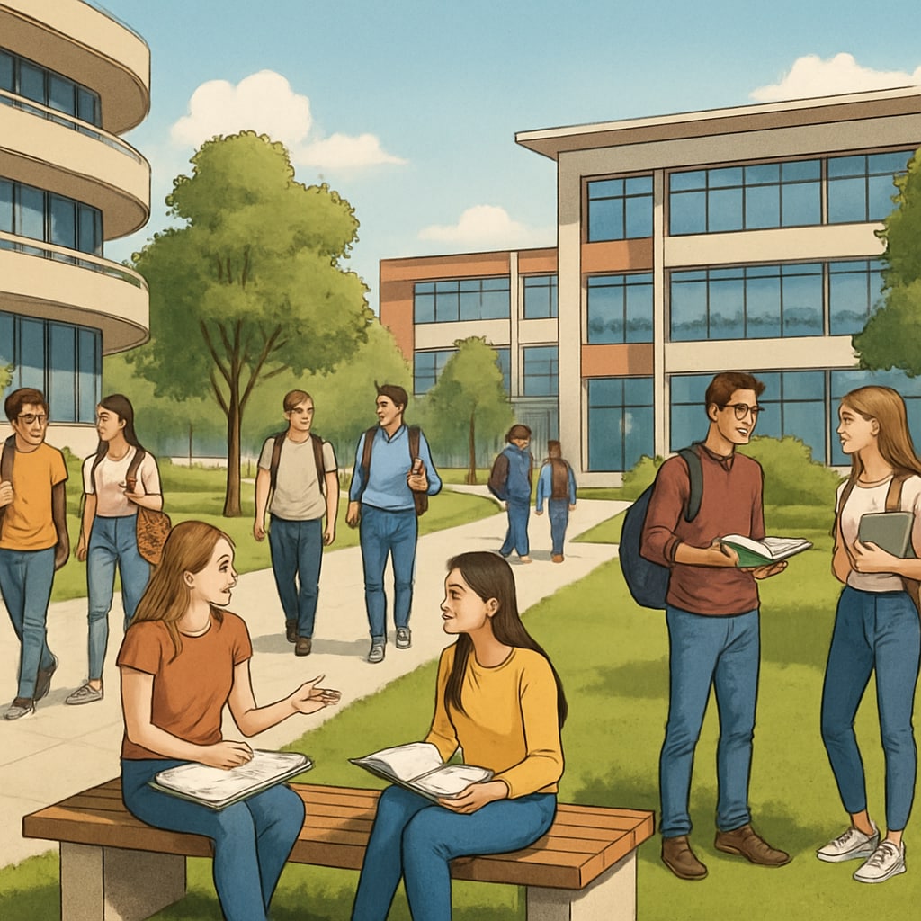 A Spanish university campus with students walking and discussing their coursework. A Spanish university campus representing master’s degree opportunities in Spain.