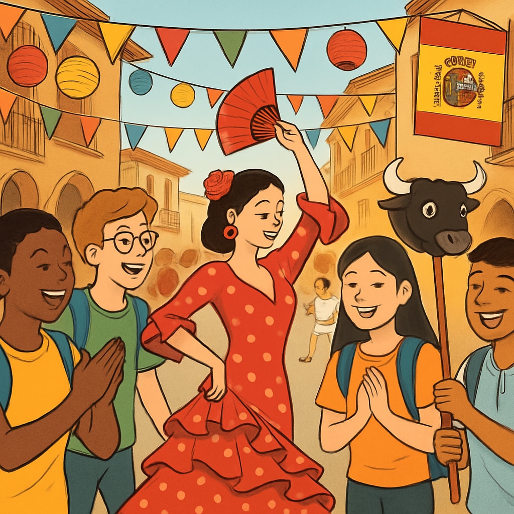 A group of international students enjoying a local Spanish festival. International students at a Spanish festival showcasing cultural adaptation.