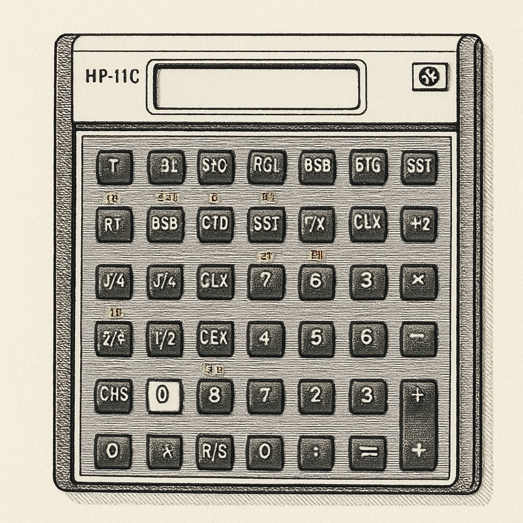 A technical illustration of an HP 11c calculator showcasing its buttons and interface, emphasizing its unique input method. HP 11c calculator interface highlighting its RPN input system.