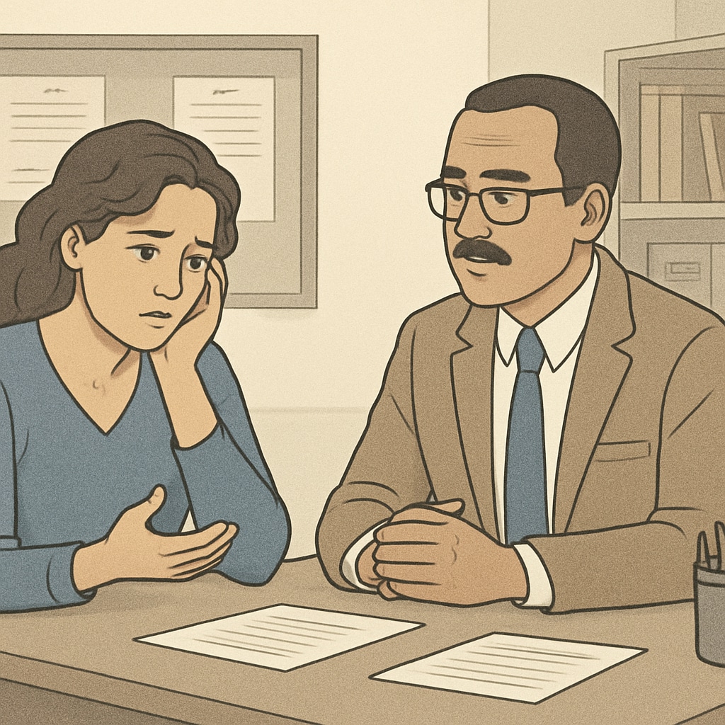 A concerned parent speaking with a school administrator about attendance policies, representing the challenges families face under strict attendance rules. Parent discussing attendance issues with a school administrator.