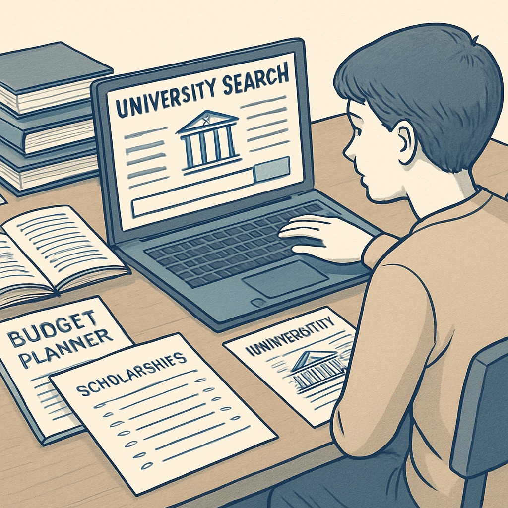 A student researching university options on a laptop, surrounded by books and a budget planner. Student researching affordable university options with AS-level qualifications and a $4000 budget.