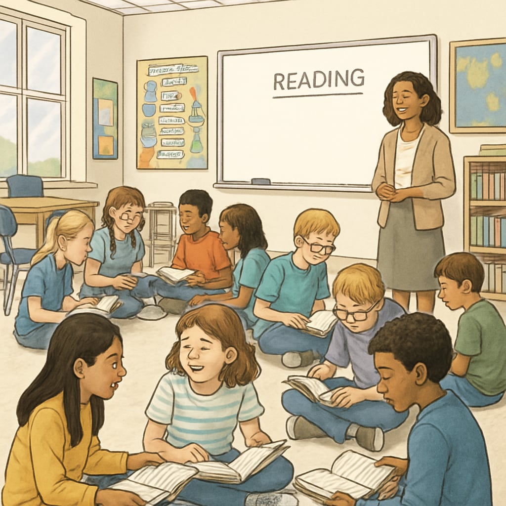 A classroom with fifth-grade students engaged in a group reading activity, demonstrating student-centered learning. Fifth-grade students in a classroom engaged in collaborative reading as part of an ELA module.