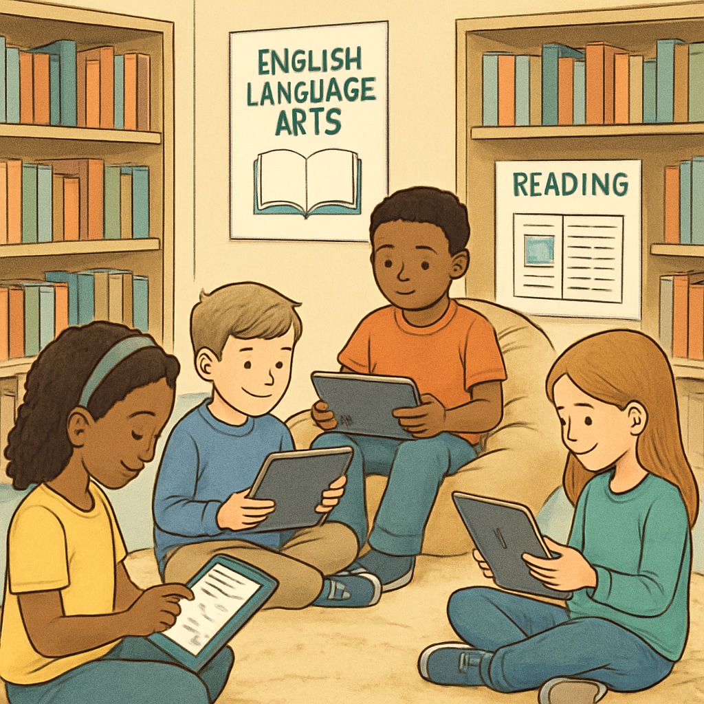 Students using tablets in a reading corner, showcasing technology integration in ELA instruction. Fifth-grade students using digital tablets for interactive reading in an English Language Arts classroom.