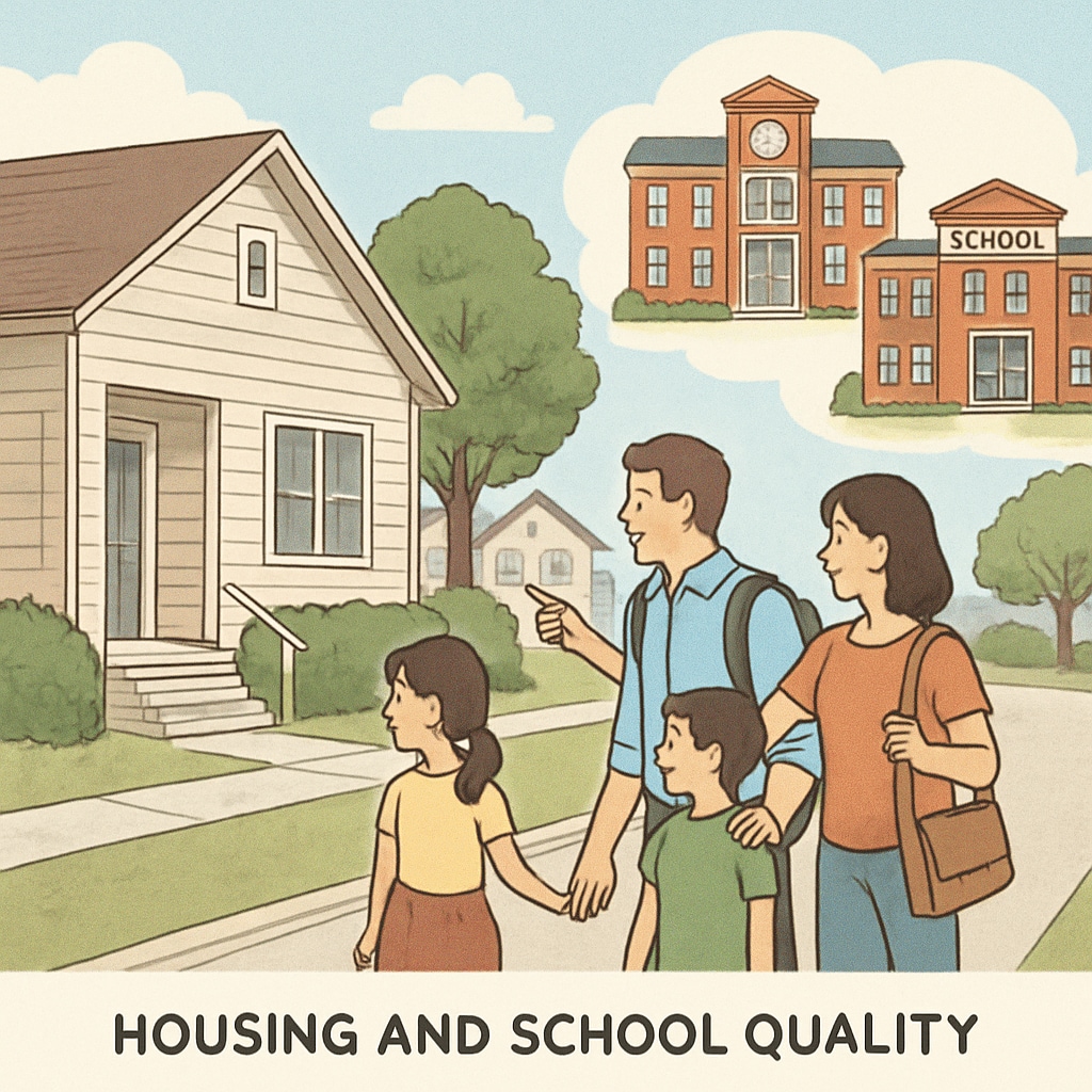 A family touring a home in a neighborhood known for its excellent schools, symbolizing the connection between housing and school quality. Family exploring a house in a top-rated school district, illustrating the link between school rankings and real estate.
