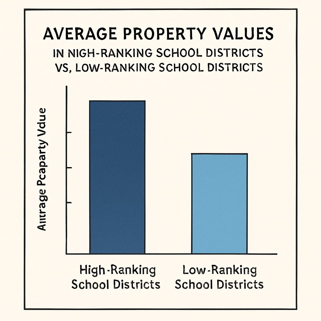 A comparison chart showing average property values in high-ranking versus low-ranking school districts. Chart comparing real estate prices in top-performing and underperforming school districts.