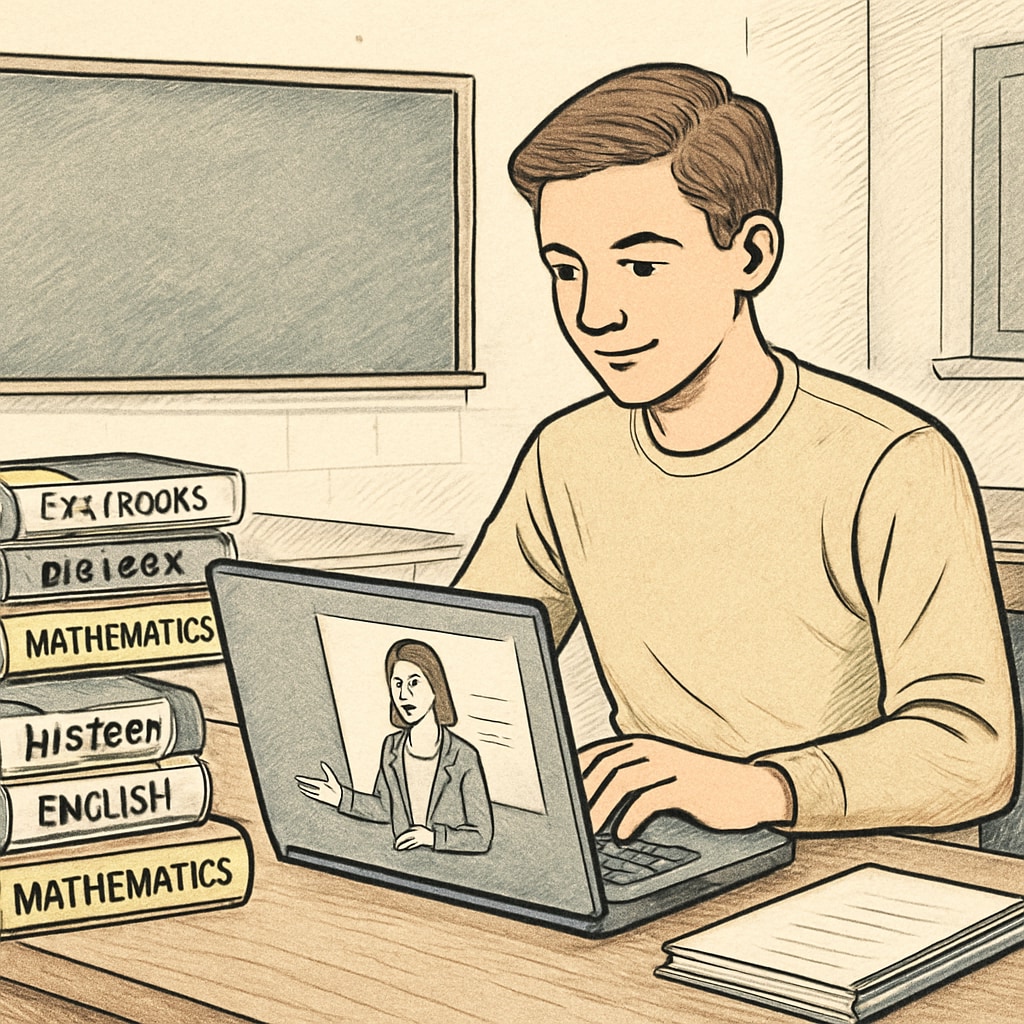 A student studying online with a laptop, surrounded by college textbooks, representing the dual enrollment concept. A student studying online with a laptop, representing the Khan World School and ASU dual enrollment program.