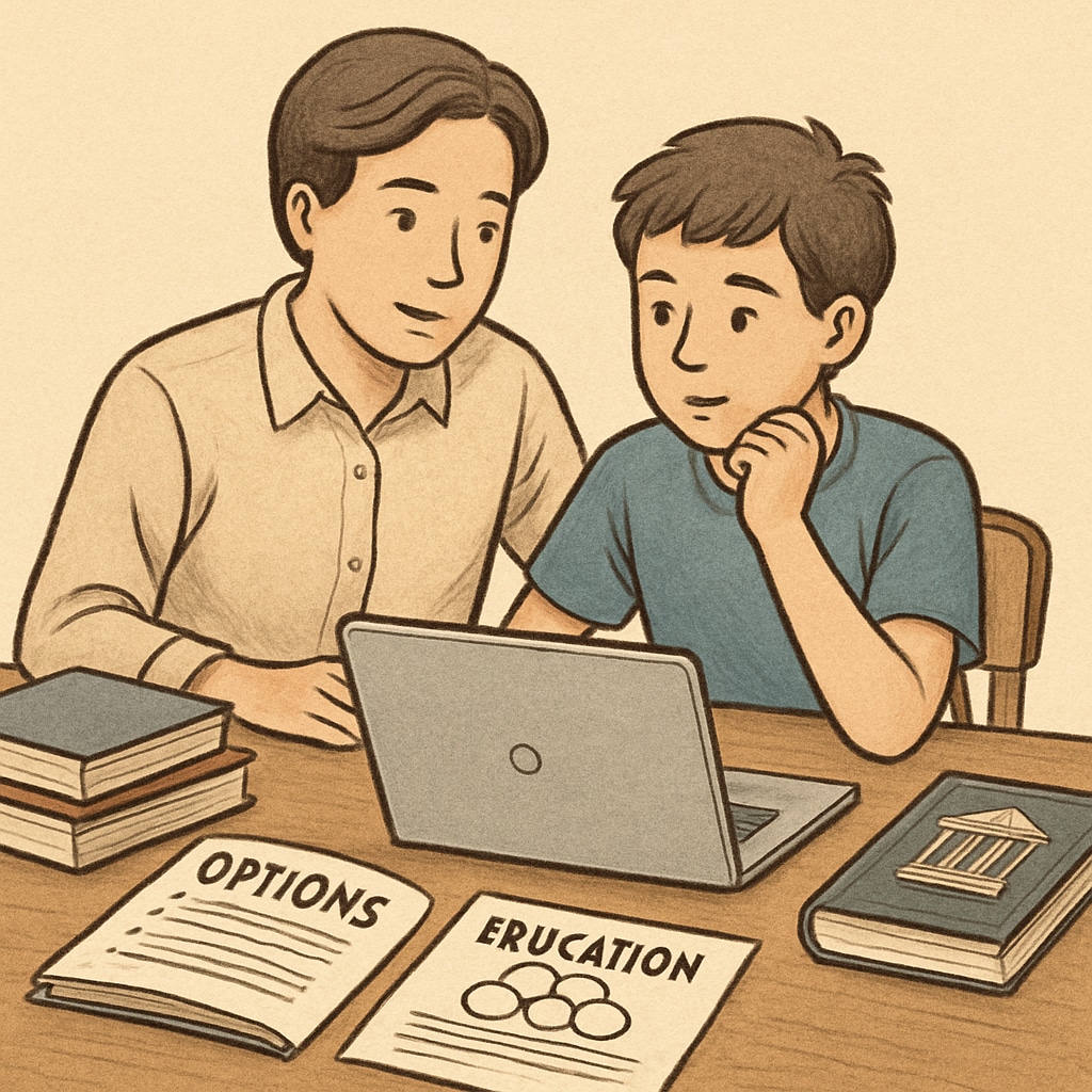 A parent and child discussing educational options while reviewing a laptop screen, symbolizing decision-making for online schooling. A parent and child reviewing online school options, representing the dual enrollment decision process.