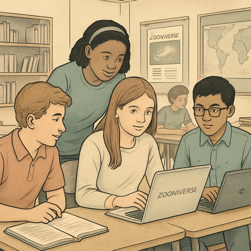 A group of diverse students working on Zooniverse projects in a classroom setting. Students participating in Zooniverse citizen science projects in a classroom.