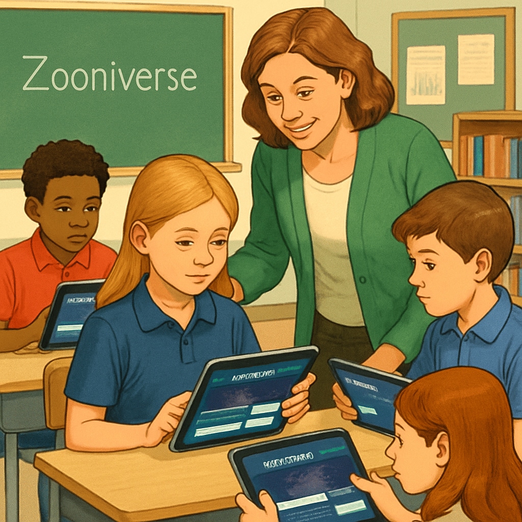 A teacher guiding students as they explore the Zooniverse platform on tablets. Teacher helping students navigate Zooniverse for hands-on science learning.