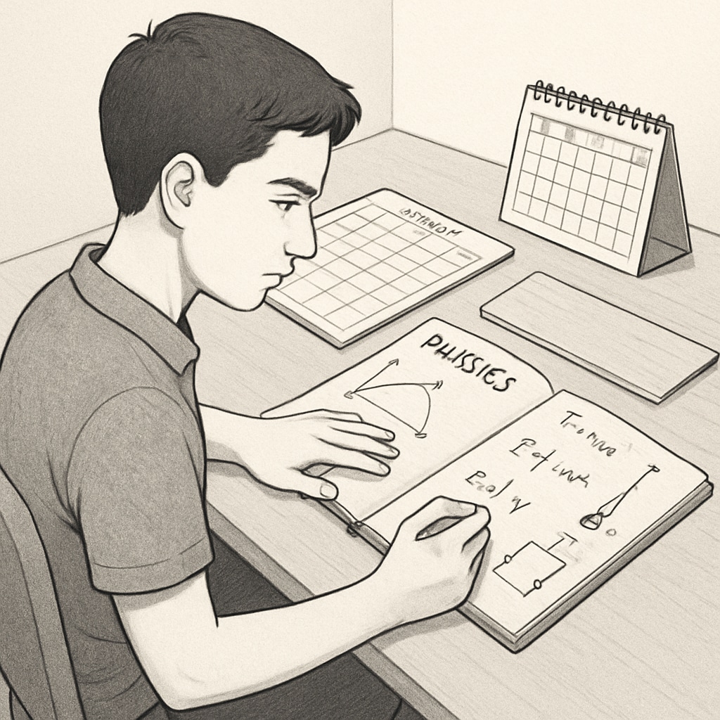 A student reviewing physics notes at a desk with a planner and calendar beside them, symbolizing organized study habits. Physics backlogs, time management, study strategy visualized through a student planning their study schedule.