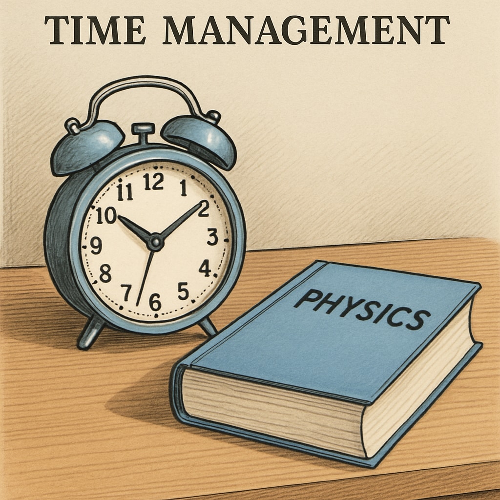 A close-up of a desk with a clock and a physics textbook, representing time management in academic planning. Physics backlogs, time management, study strategy illustrated with a clock and textbook setup.