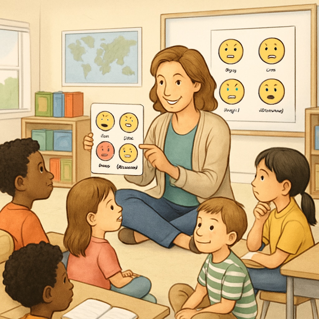 A classroom where a teacher introduces emotional education concepts to children.