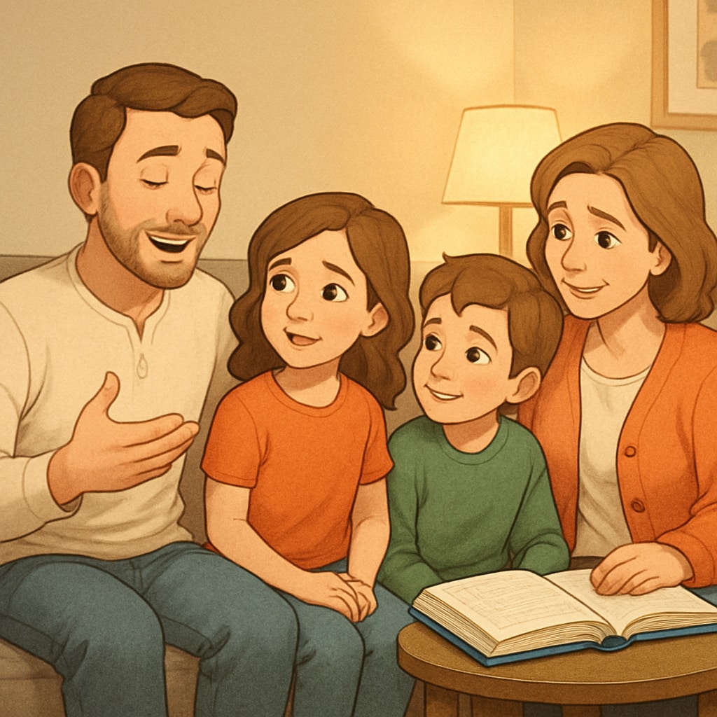 Family members discussing emotions through storytelling as part of emotional education.