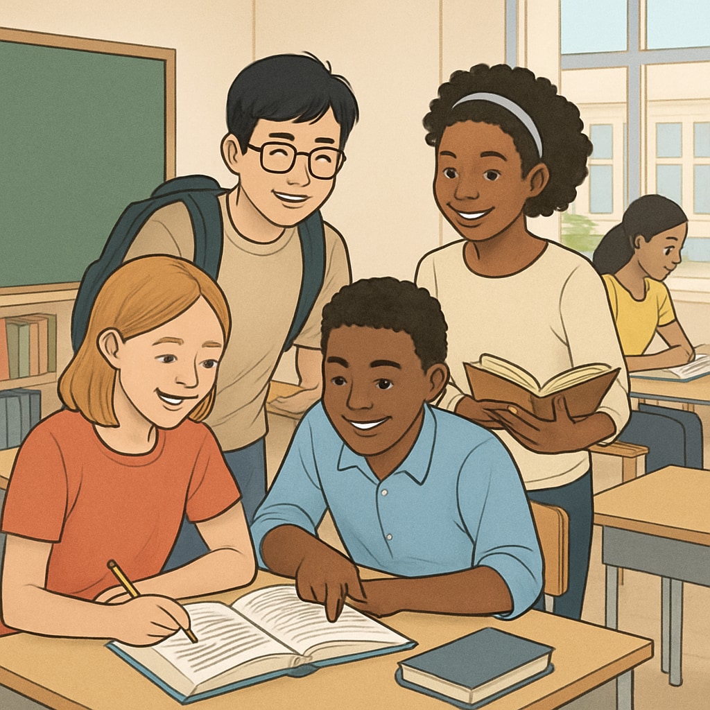 A diverse group of students in a collaborative classroom setting, representing inclusion and support. Students collaborating in a classroom, showcasing institutional support for education.