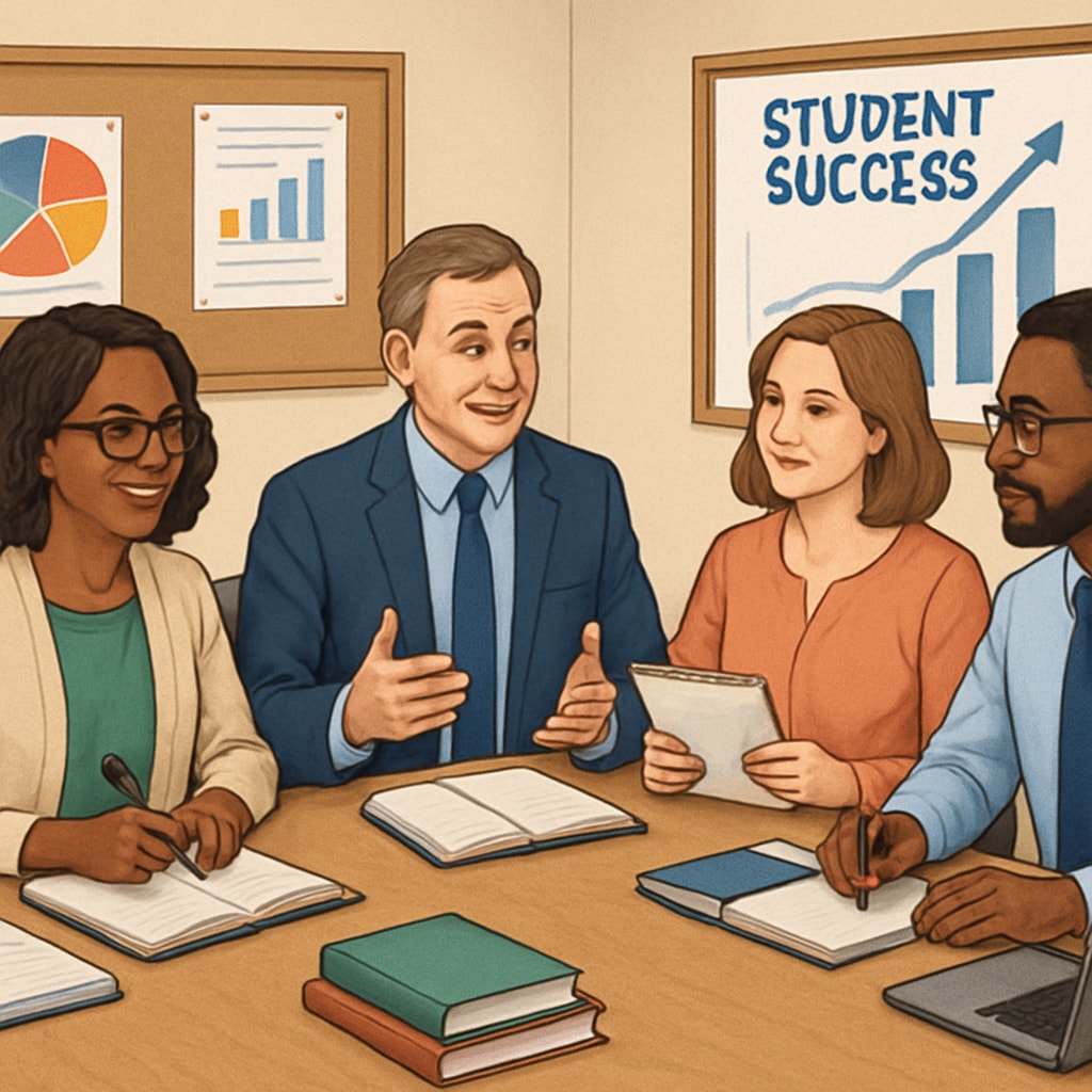 A team of educators and administrators discussing strategies for student success in a meeting room. Educators and administrators collaborating to improve student completion rates.