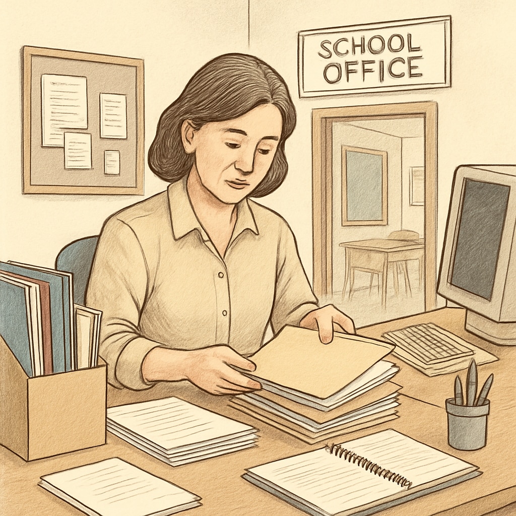 A school secretary organizing files at her desk, highlighting the administrative roles available in education. A school secretary working at her desk, organizing student documentation.