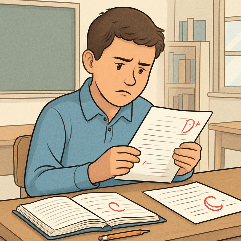 A student sitting at a desk, reviewing graded papers with a concerned expression. This image represents the frustration of academic disputes. A high school student reviewing graded assignments in frustration, highlighting the issue of unfair grading in AP Physics C.