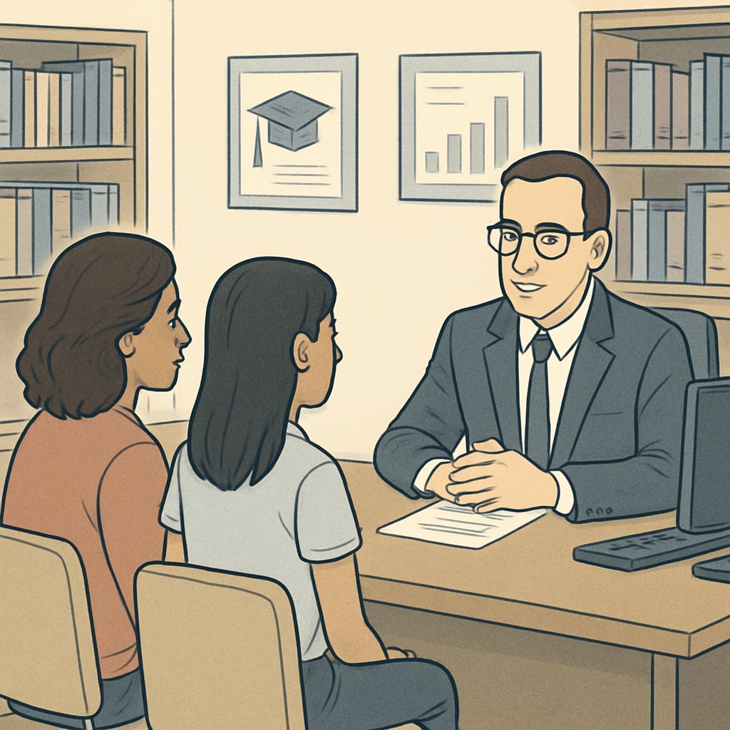 A school administrator meeting with a student and their parent in an office setting. This image illustrates the appeal process. A student and parent discussing a grade appeal with a school administrator, reflecting the challenges of seeking academic fairness.