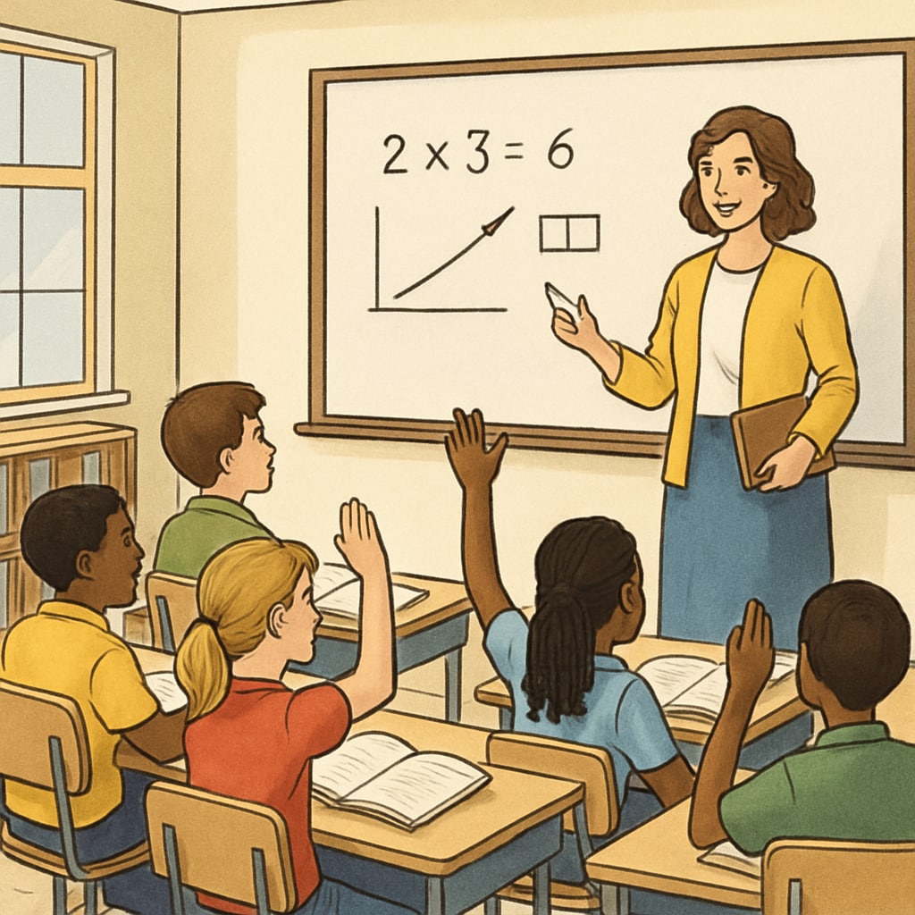 A classroom scene with students and a teacher actively engaging in lessons, representing the importance of teacher quality in public schools. Public elementary school teacher engaging students in learning activities