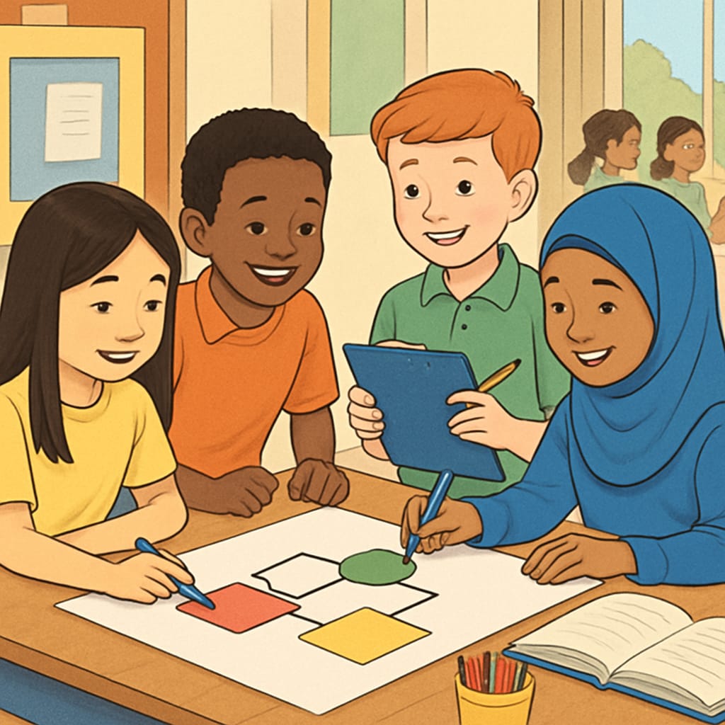 Children from diverse backgrounds participating in a school event or cultural activity, highlighting inclusivity and school culture. Public elementary school students showcasing diversity and inclusivity
