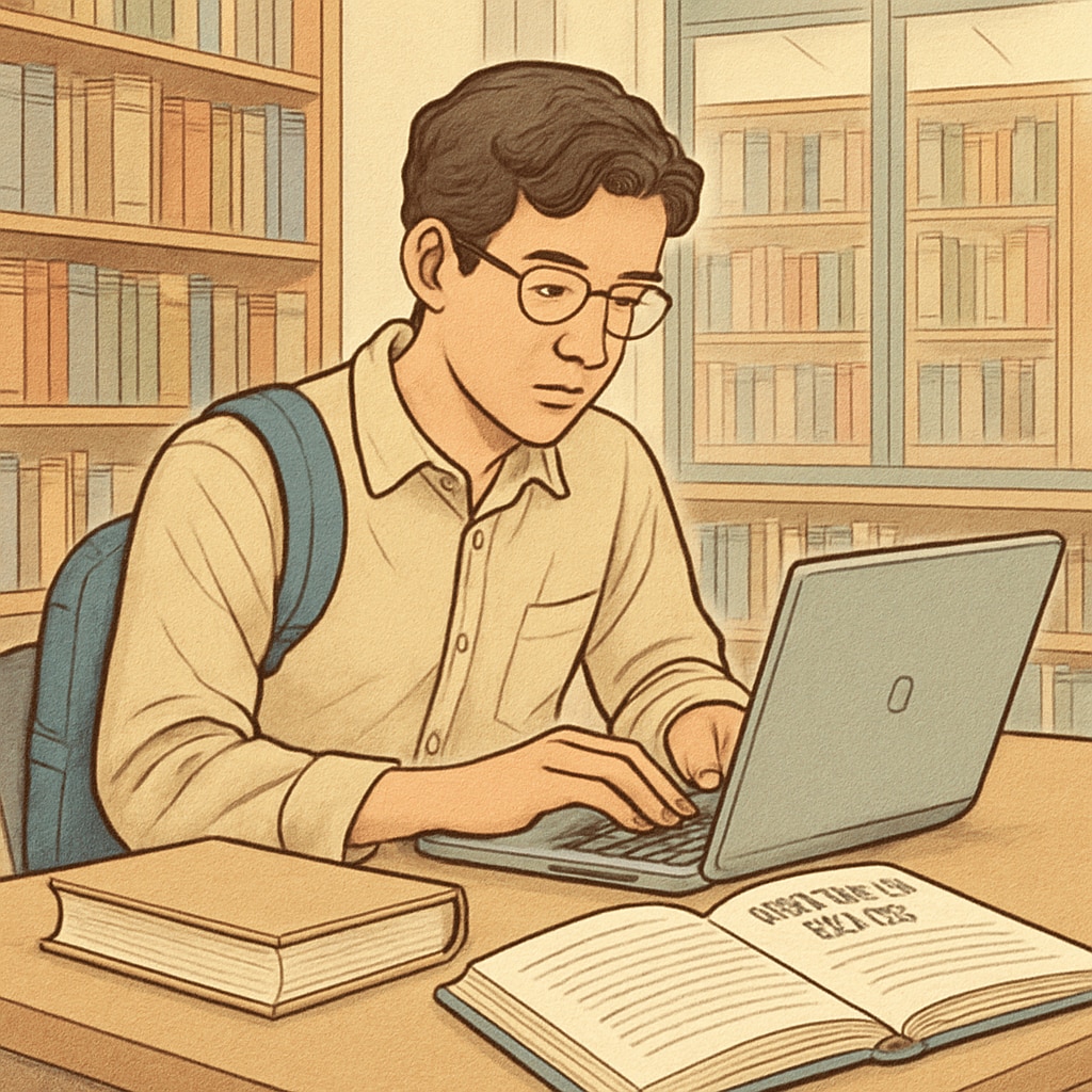 A university student using ChatGPT Plus on a laptop to complete a research paper in a library. University student utilizing AI tools like ChatGPT Plus for academic assistance.