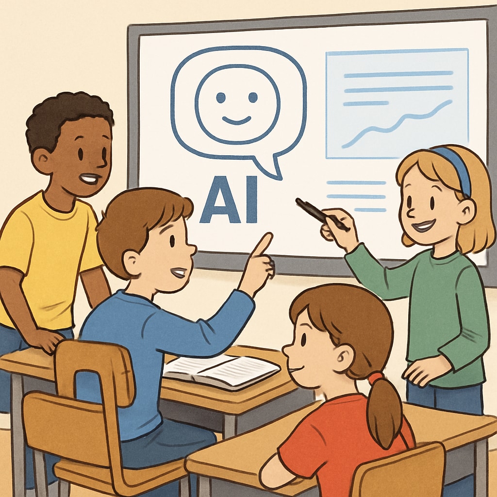 A group of elementary students engaging with an interactive AI learning tool during a class activity. Young students exploring AI-powered educational tools for personalized learning.