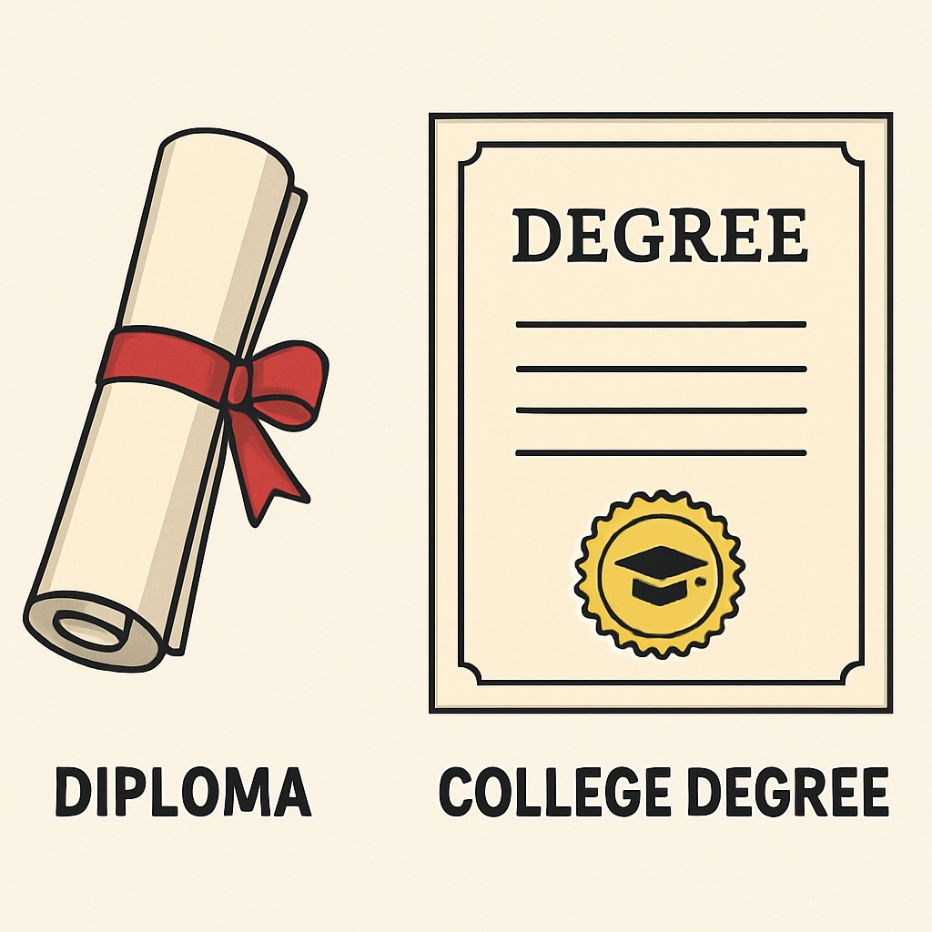 A symbolic image of a diploma next to a college degree certificate, representing contrasting education qualifications. High school diploma vs. college degree in employment qualifications