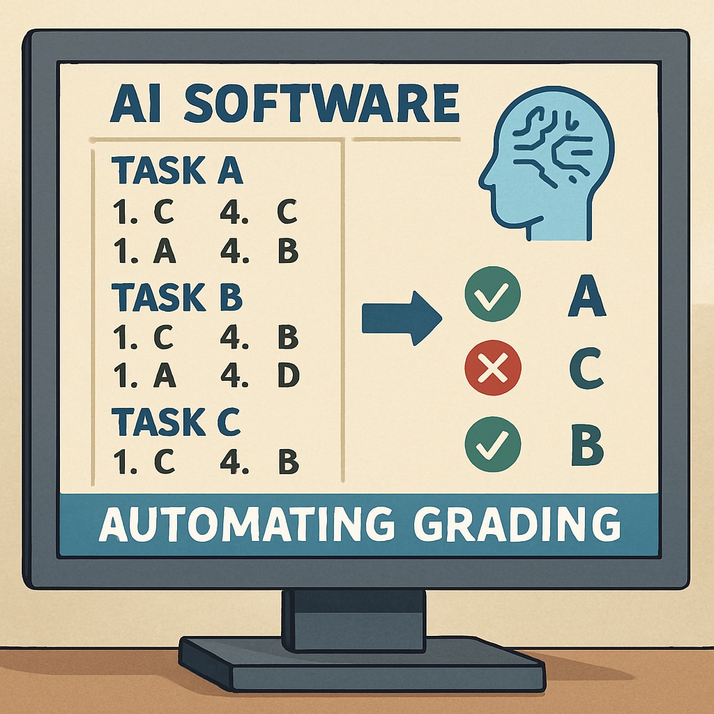 Computer screen displaying sophisticated AI software automating grading tasks. AI software performing automated grading to reduce teacher workload.