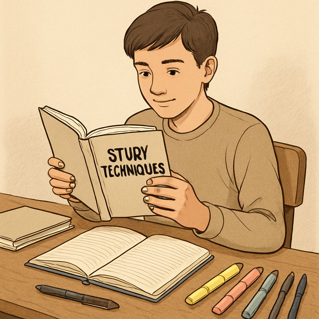 A teen reading a book about study techniques, sitting at a desk with study materials like notebooks and highlighters. Teen reading about study techniques to improve learning methods.