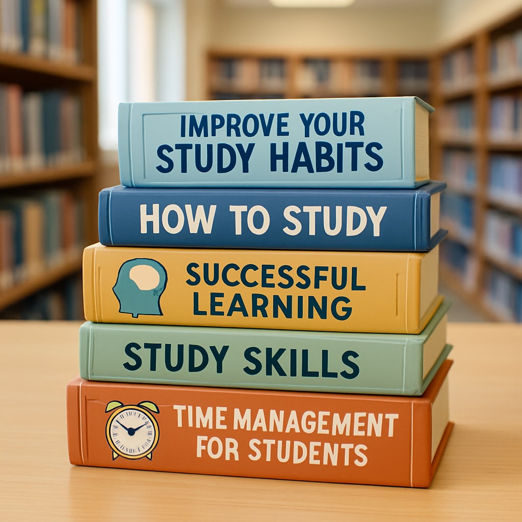 A stack of books recommended for improving study habits, placed on a library table. Books for study habits and memory improvement, ideal for teens.