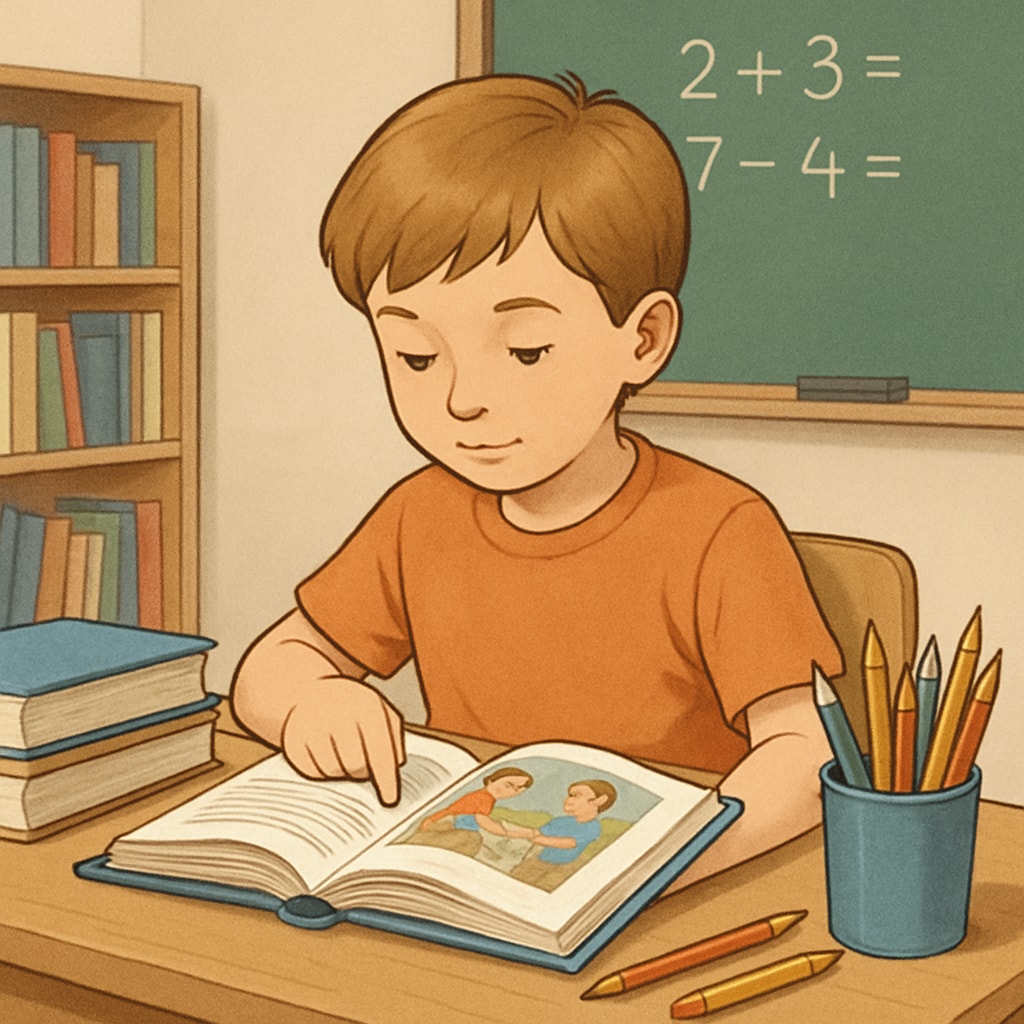 A child reading a storybook in a classroom setting, representing whole language teaching. Child reading a storybook to illustrate whole language teaching.