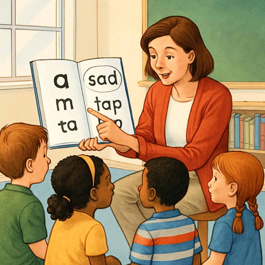 An educator explaining phonics to a group of young students, illustrating structured reading instruction. Teacher demonstrating phonics to students in a classroom.