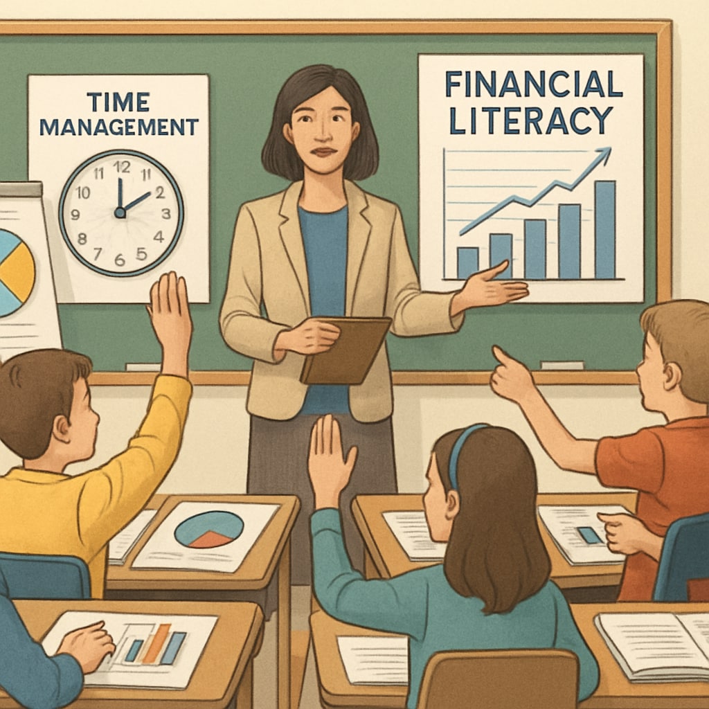 A classroom setting showing students engaged in a financial literacy and time management workshop with interactive tools. Financial literacy and time management workshop in schools.