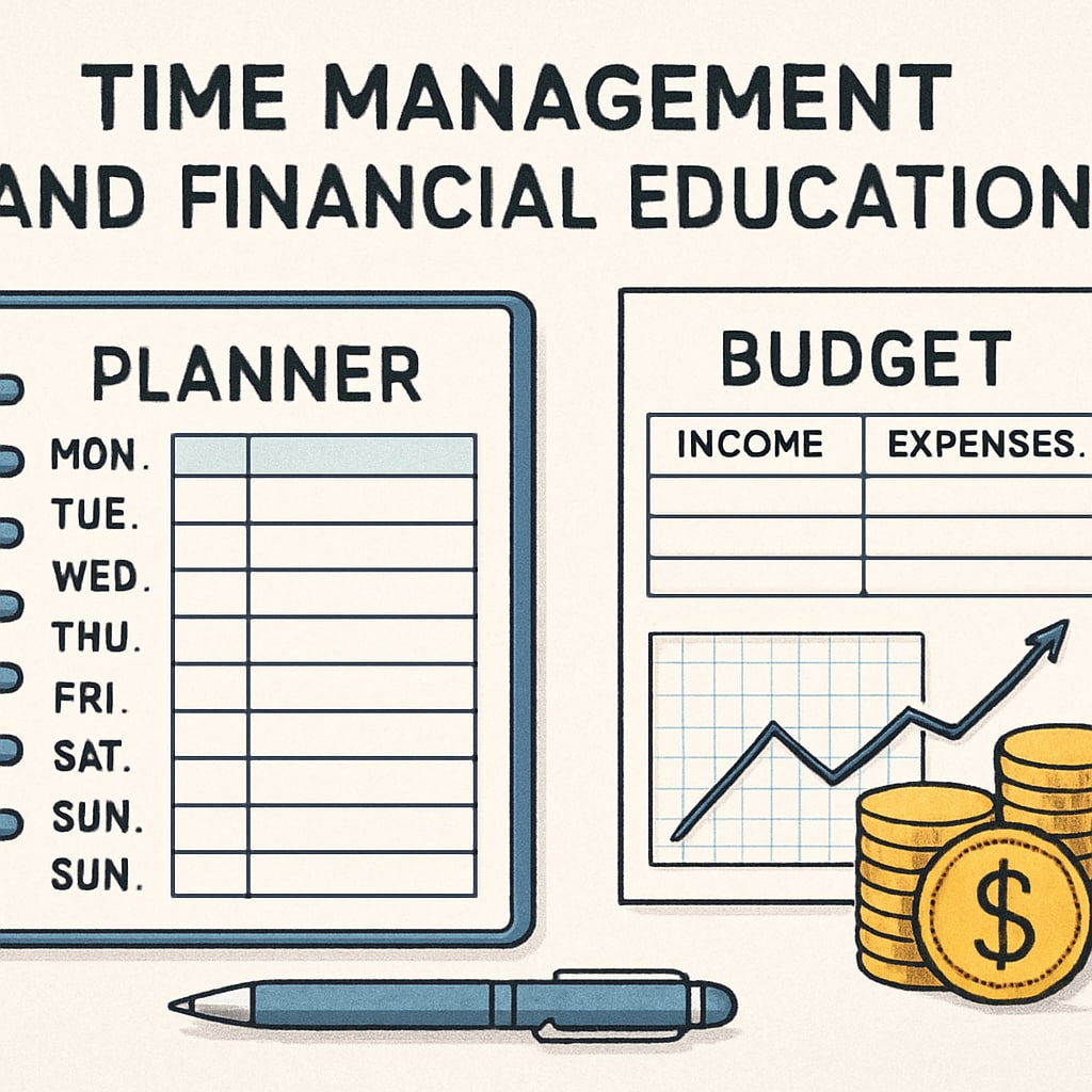 A detailed image of a planner and budget sheet emphasizing time management and financial education. Planner and budget sheet for teaching time management and financial skills.