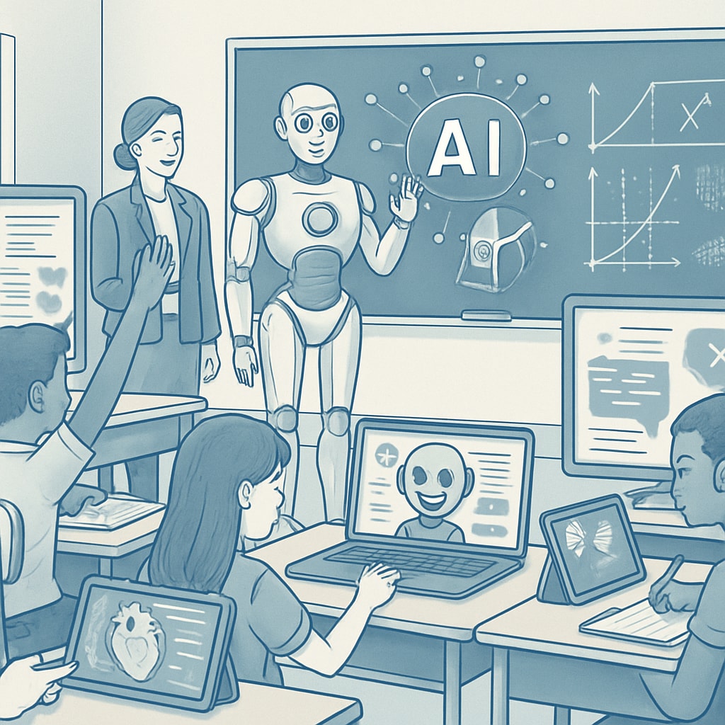 A futuristic classroom with students interacting with AI-powered tools, showcasing technology integration in education. Students using AI tools in a classroom setting, demonstrating educational technology innovations.