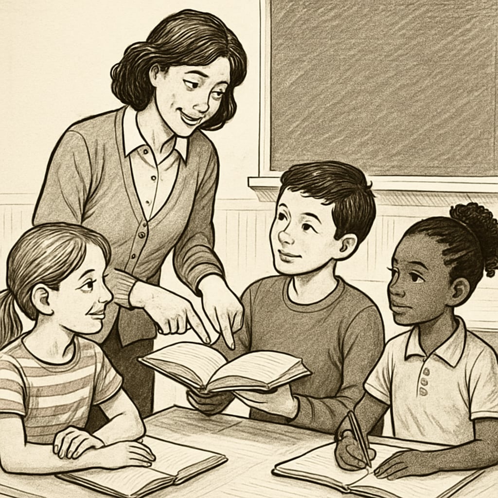 A teacher engaging with students in a collaborative learning session, showcasing personalized learning techniques. Teacher engaging with students in a collaborative learning session, highlighting personalized learning.