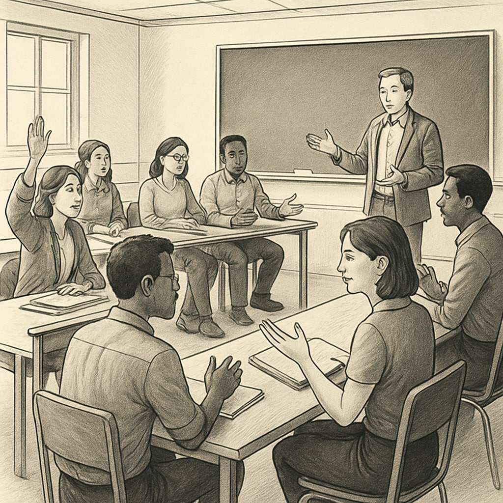 A university classroom setting where students are engaged in a debate or discussion, symbolizing critical thinking development. Students in a classroom discussing ideas to illustrate critical thinking in education.