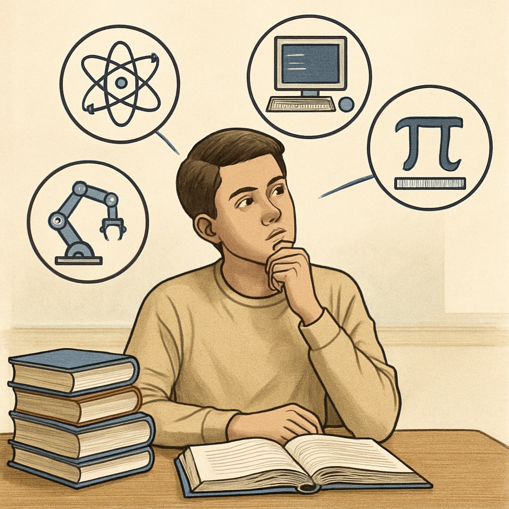 A thoughtful high school student sitting at a desk surrounded by textbooks, contemplating their future STEM career path. High school student thinking about STEM major selection, surrounded by books.