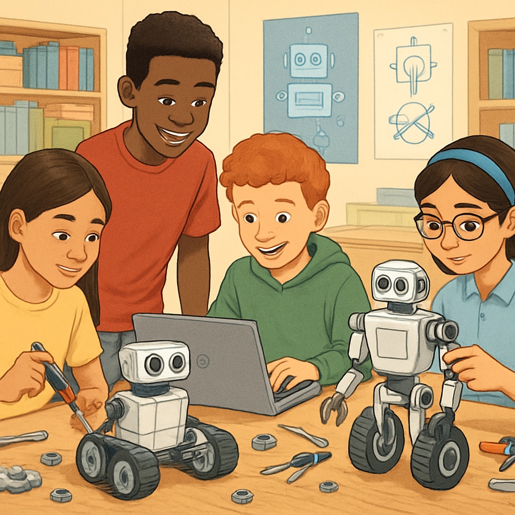 A group of diverse students participating in a STEM robotics workshop, showcasing teamwork and creativity. High school students engaged in STEM robotics workshop, emphasizing teamwork and exploration.