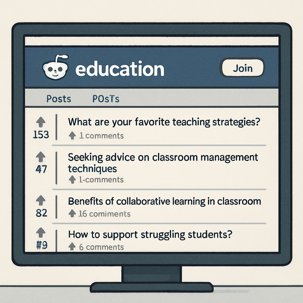 A screenshot showing a popular Reddit education subreddit with active discussions about teaching strategies. Screenshot of a Reddit education subreddit with discussions on teaching strategies.