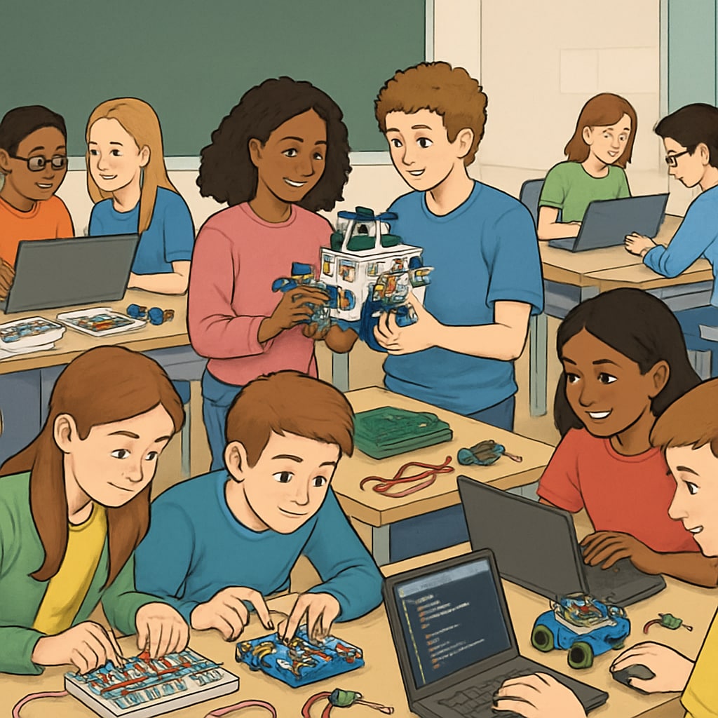 A classroom with students engaging in STEM activities, such as robotics or coding, highlighting the integration of STEM education in high schools. High school students working on STEM activities like robotics and coding.