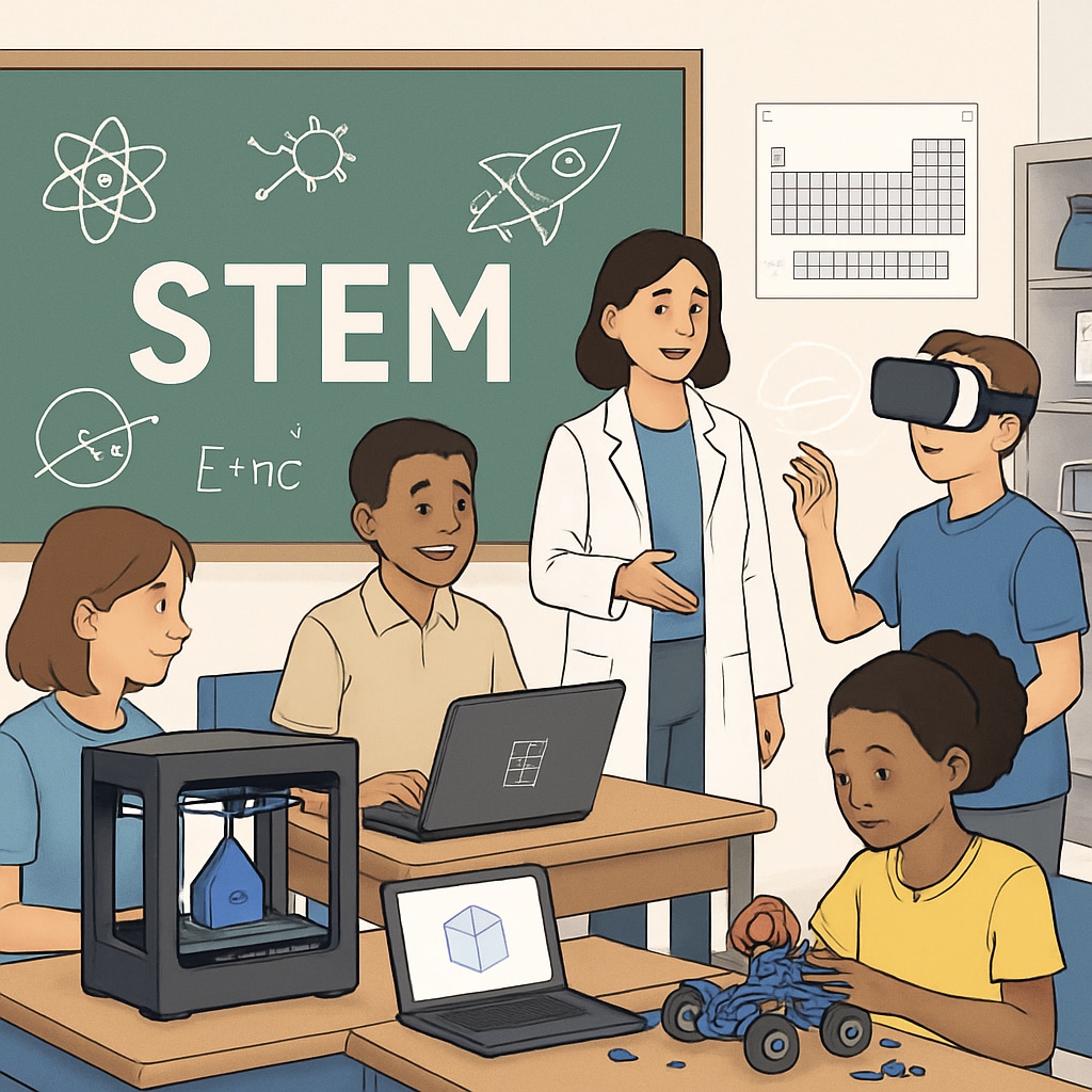 A STEM-focused classroom with students using 3D printers and virtual reality headsets to learn advanced concepts and future technologies. STEM-focused high school classroom featuring 3D printers and VR headsets.