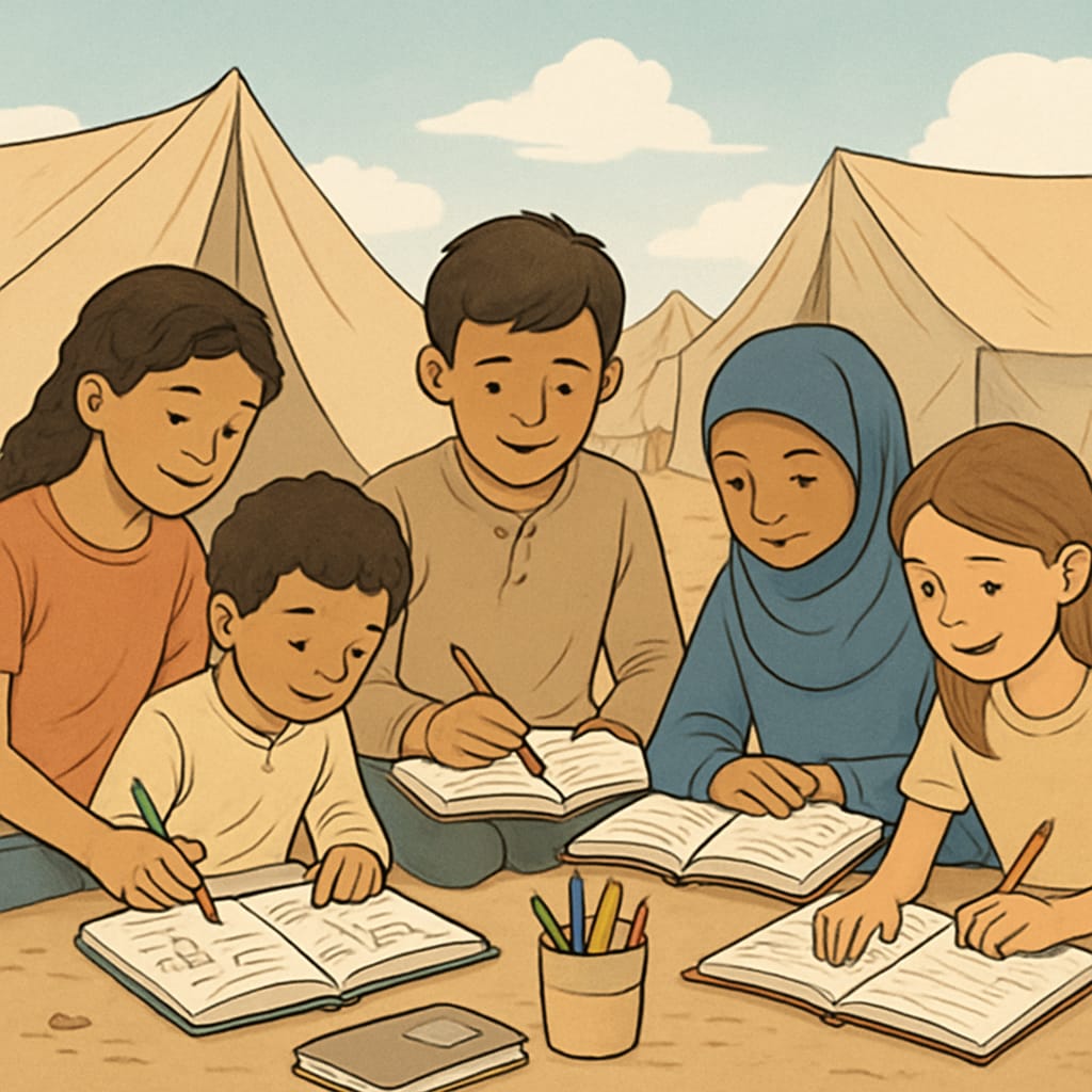 Children participating in learning activities in a refugee camp, highlighting humanitarian concerns.