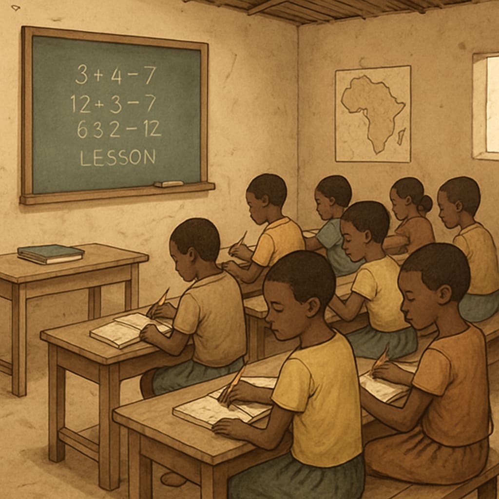 Students in a resource-limited classroom in Sub-Saharan Africa, showcasing the importance of global educational initiatives.