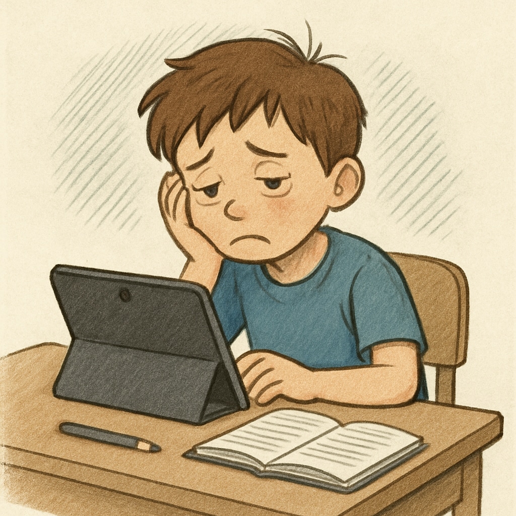 A child experiencing the negative effects of excessive screen time, highlighting tech addiction risks.