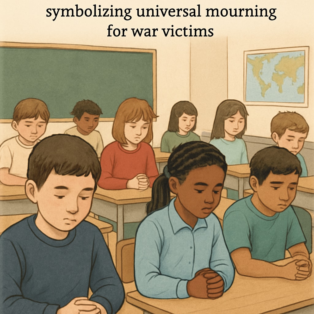 Students in a classroom observing universal mourning for war victims.