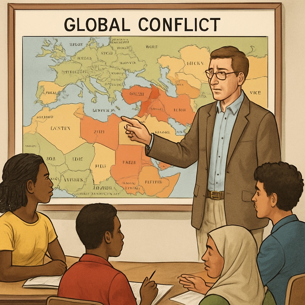 Educator discussing global conflicts with students to encourage critical thinking.