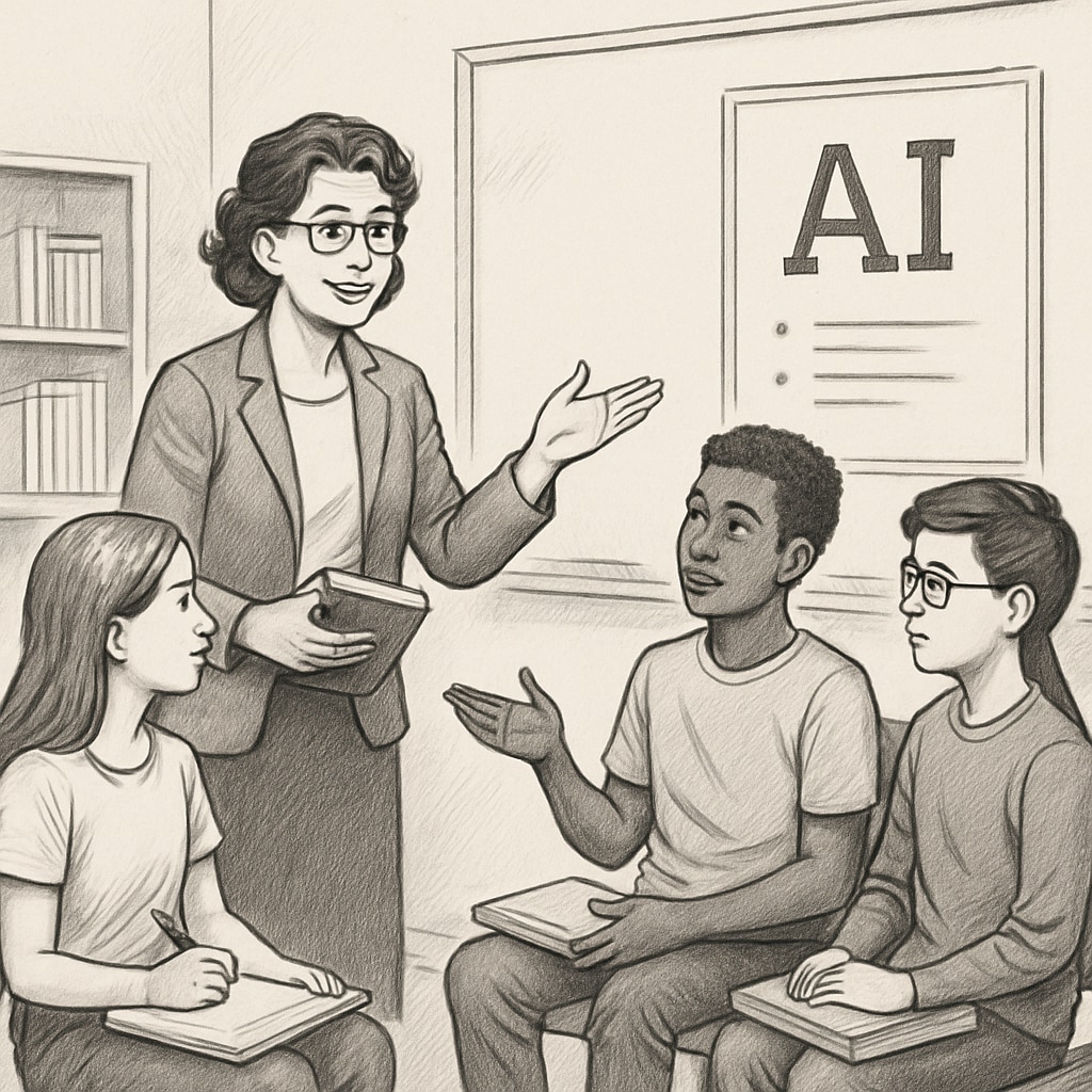 Teacher guiding students in critical thinking about AI-generated content using Socratic questioning.